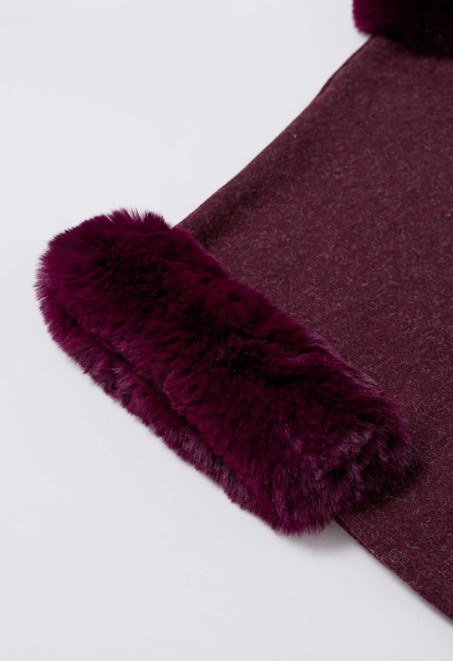 Self-Tie Bowknot Faux Fur Poncho in Burgundy
