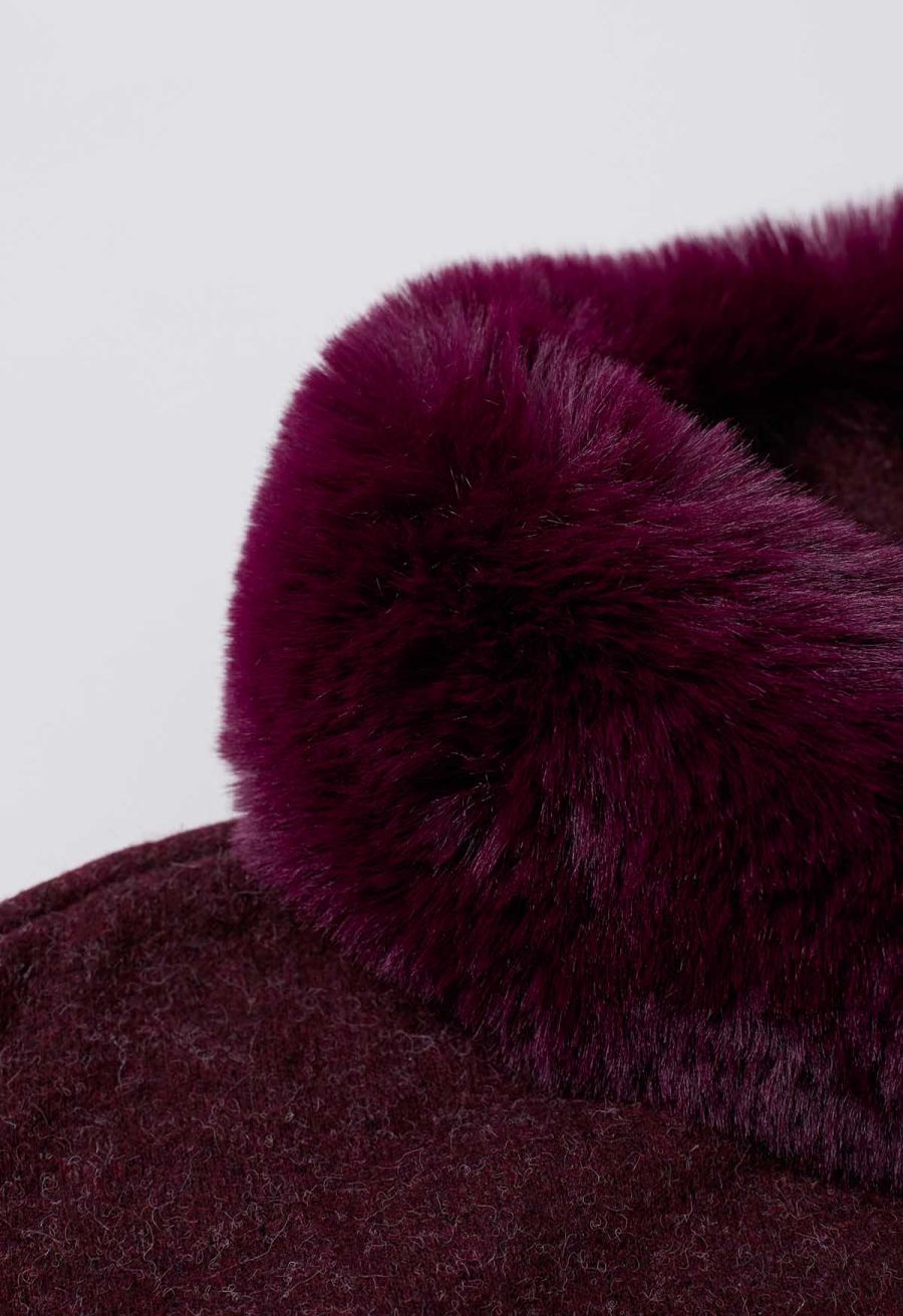 Self-Tie Bowknot Faux Fur Poncho in Burgundy