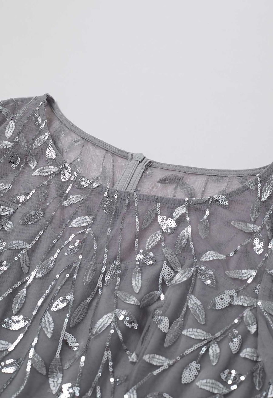 Leaves Branch Sequined Mesh Panelled Gown in Grey