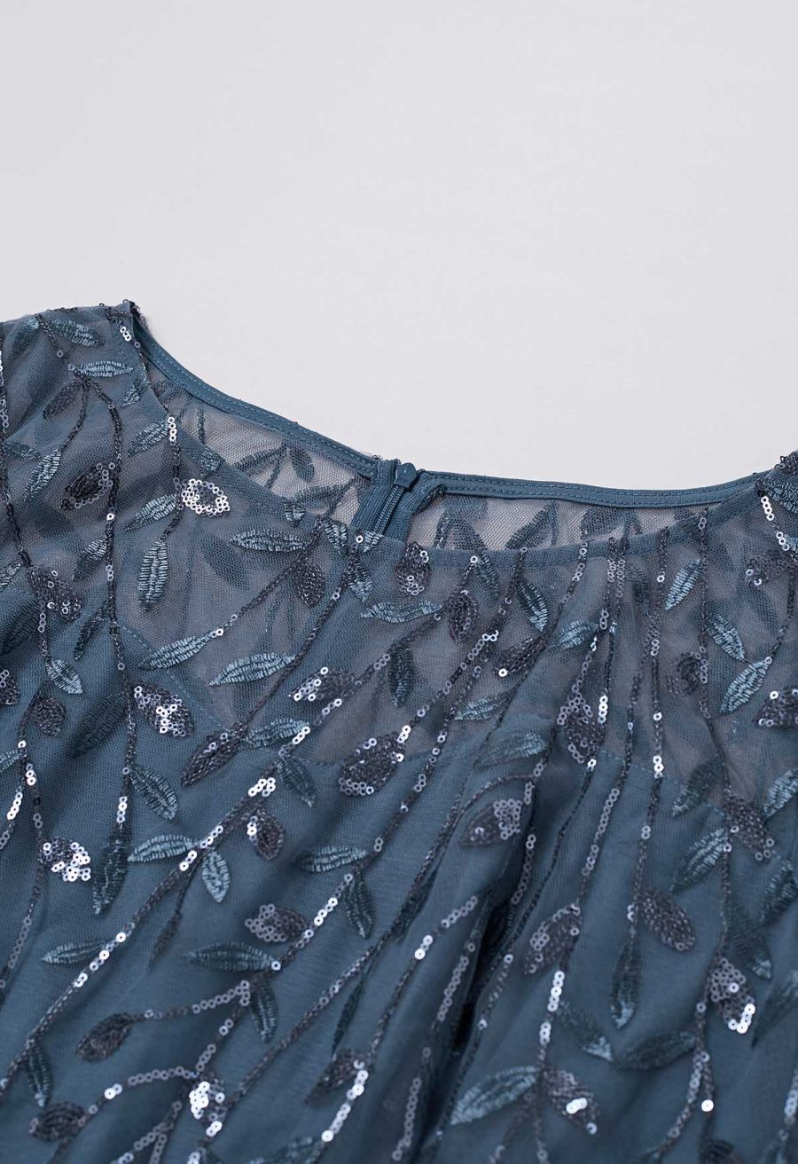 Leaves Branch Sequined Mesh Panelled Gown in Blue