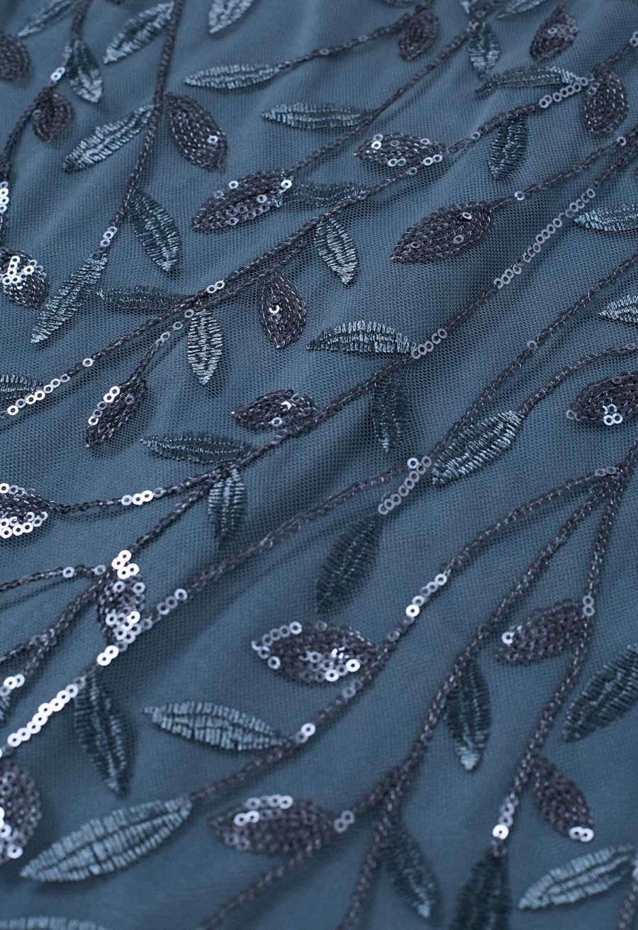 Leaves Branch Sequined Mesh Panelled Gown in Blue