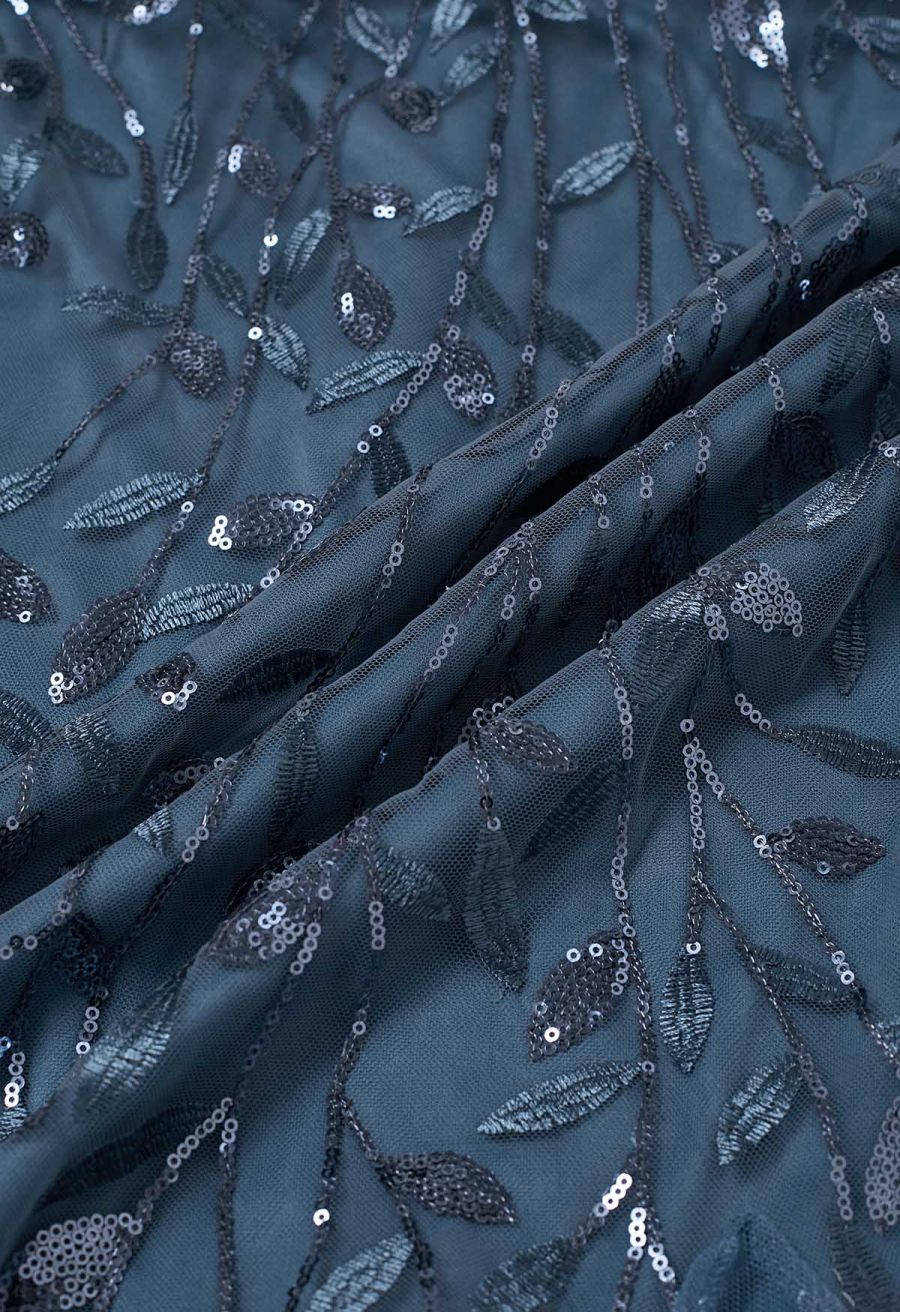Leaves Branch Sequined Mesh Panelled Gown in Blue