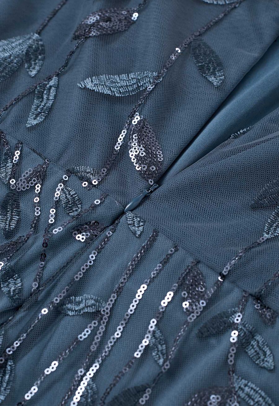 Leaves Branch Sequined Mesh Panelled Gown in Blue