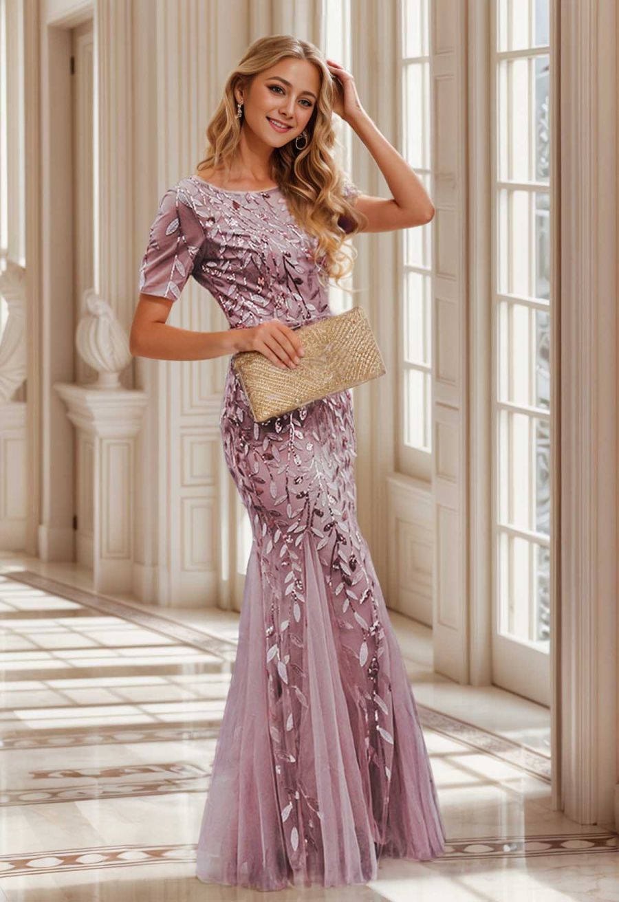 Leaves Branch Sequined Mesh Panelled Gown in Mauve