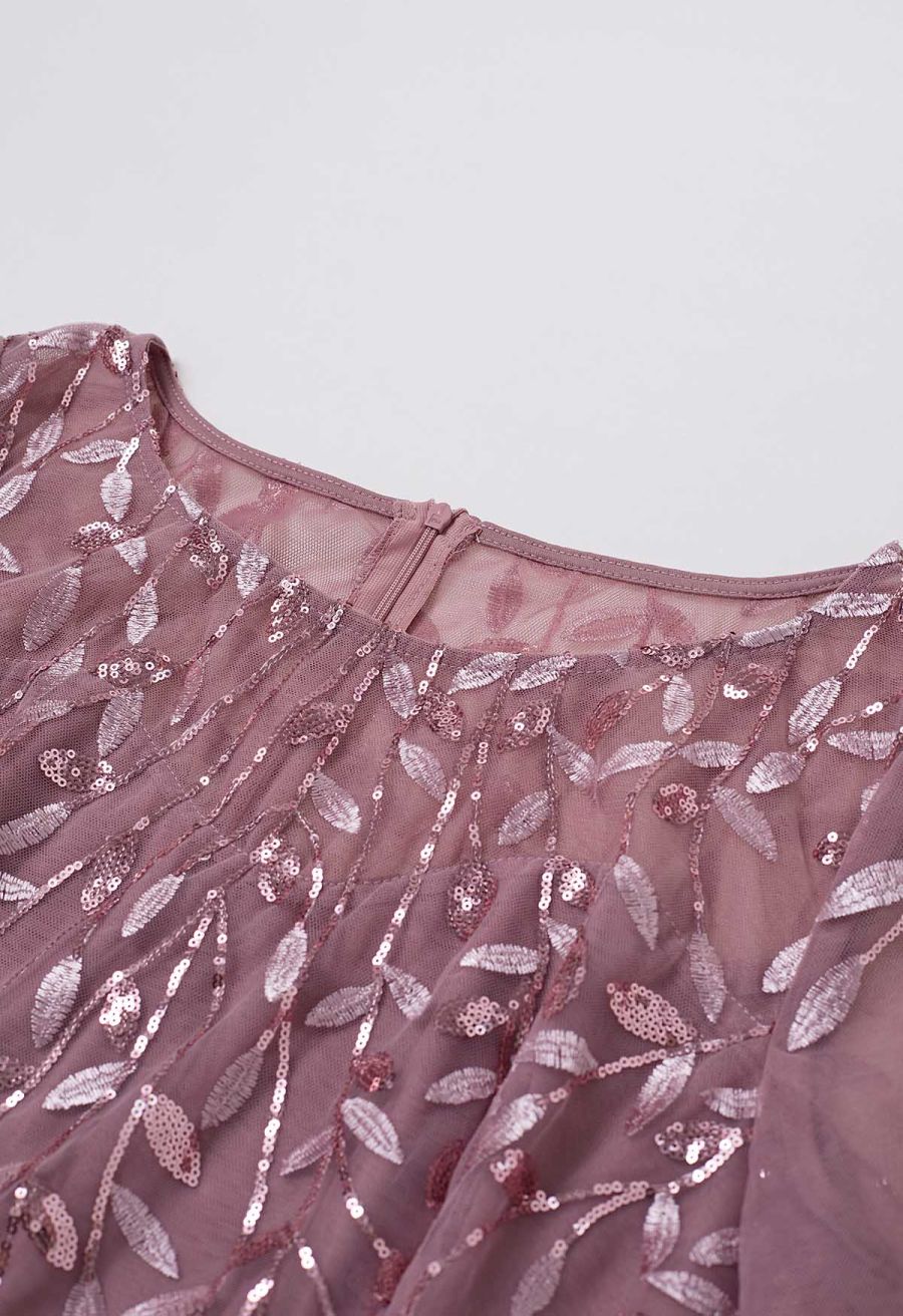 Leaves Branch Sequined Mesh Panelled Gown in Mauve