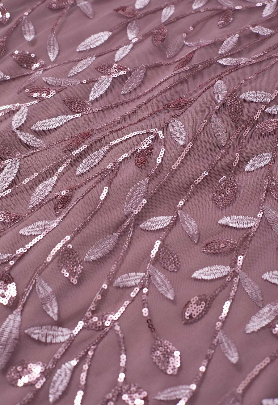 Leaves Branch Sequined Mesh Panelled Gown in Mauve