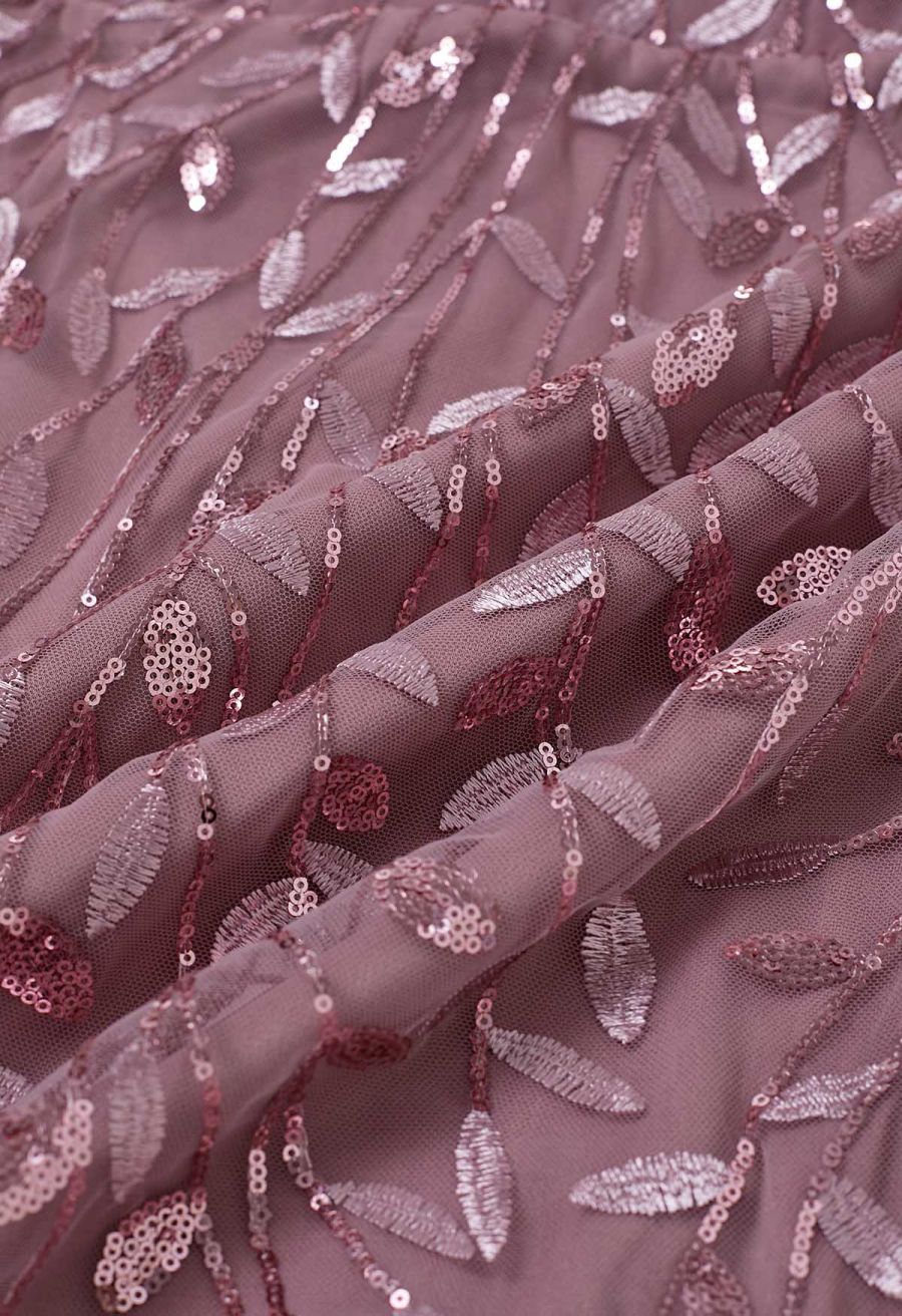 Leaves Branch Sequined Mesh Panelled Gown in Mauve