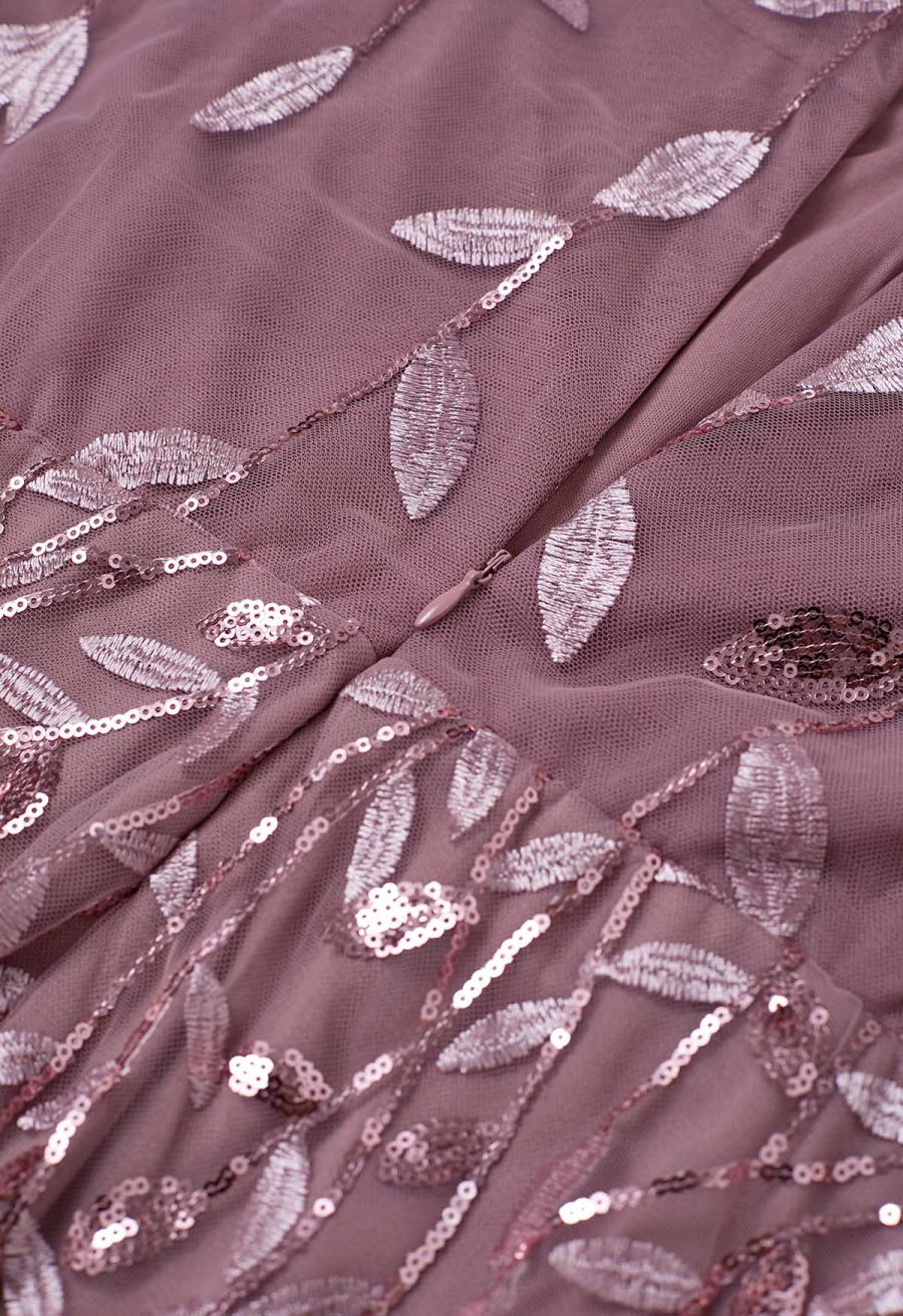 Leaves Branch Sequined Mesh Panelled Gown in Mauve