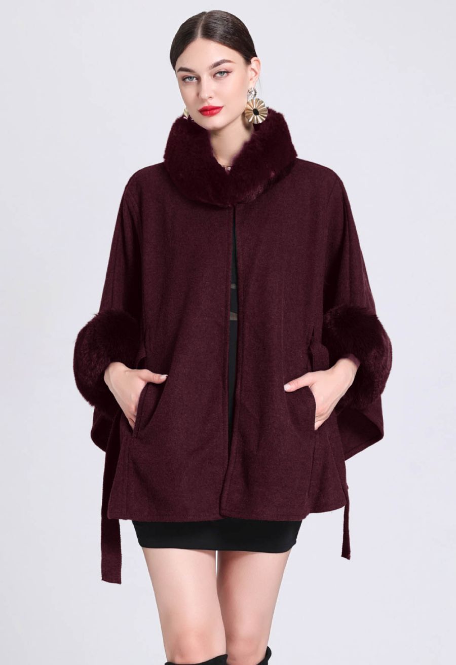 Self-Tie Bowknot Faux Fur Poncho in Burgundy