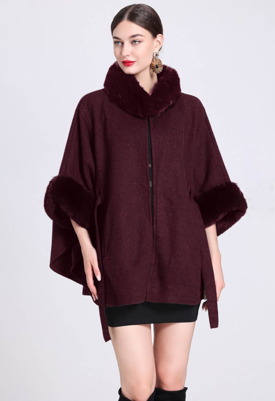Self-Tie Bowknot Faux Fur Poncho in Burgundy