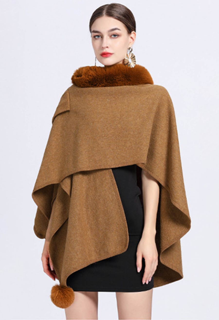 Faux Fur Collar Reversible Poncho in Camel