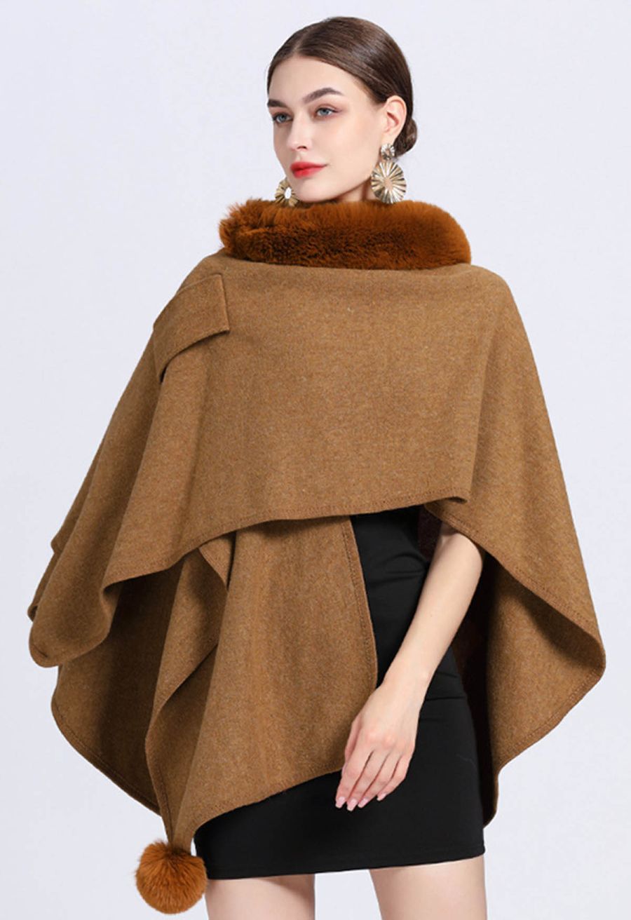 Faux Fur Collar Reversible Poncho in Camel