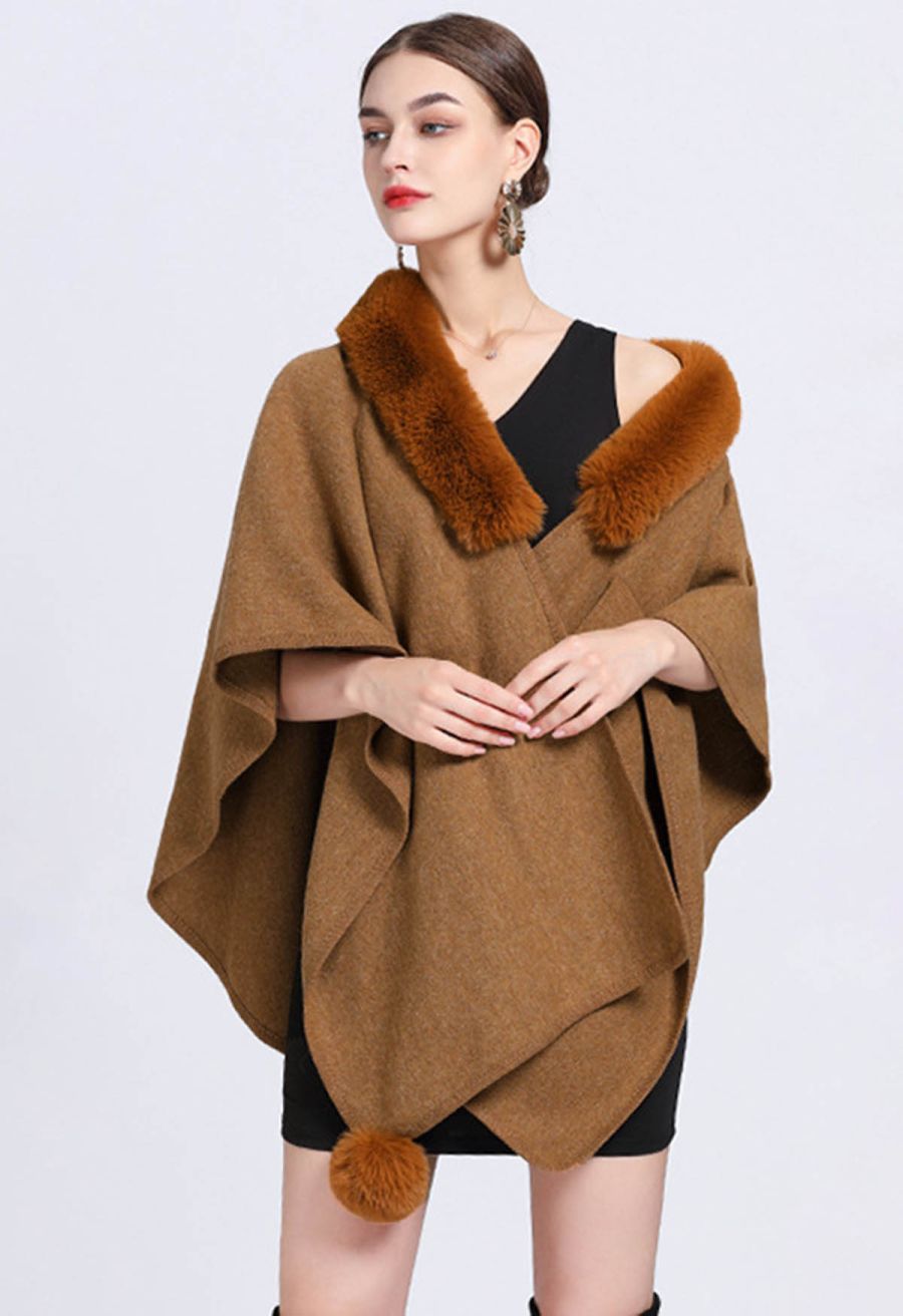 Faux Fur Collar Reversible Poncho in Camel