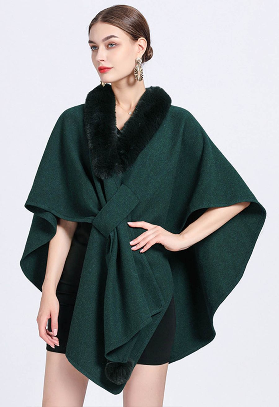 Faux Fur Collar Reversible Poncho in Dark Green