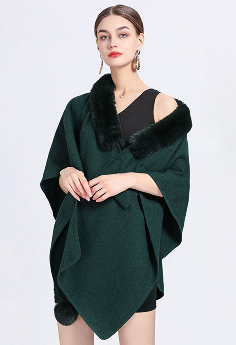 Faux Fur Collar Reversible Poncho in Dark Green