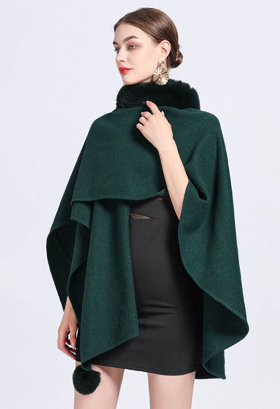 Faux Fur Collar Reversible Poncho in Dark Green