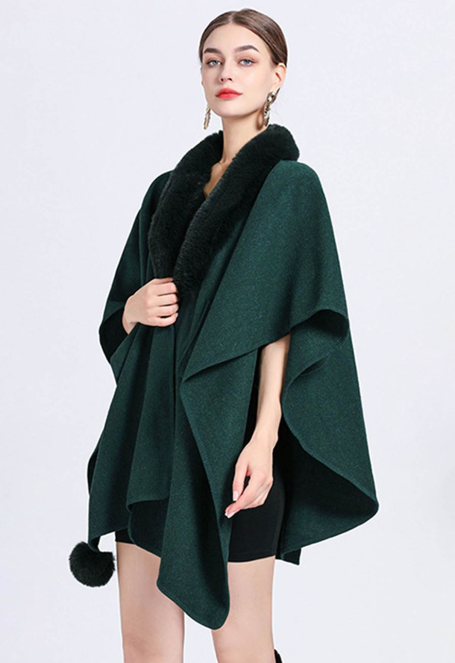 Faux Fur Collar Reversible Poncho in Dark Green