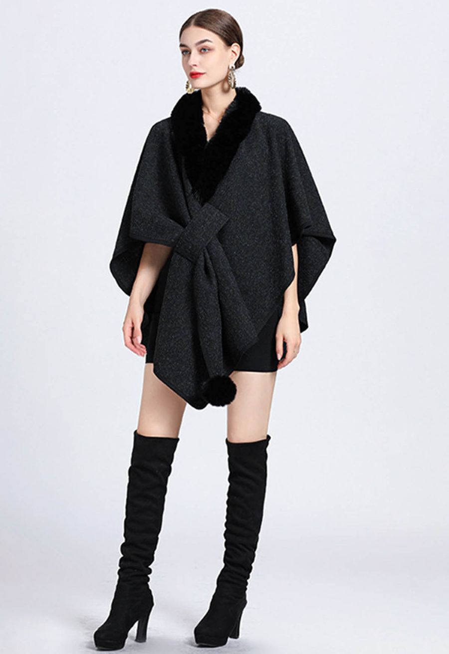 Faux Fur Collar Reversible Poncho in Black
