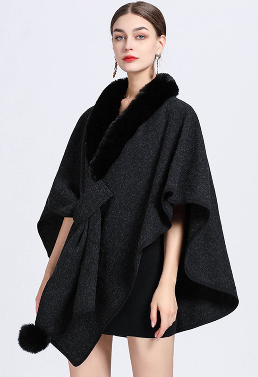 Faux Fur Collar Reversible Poncho in Black