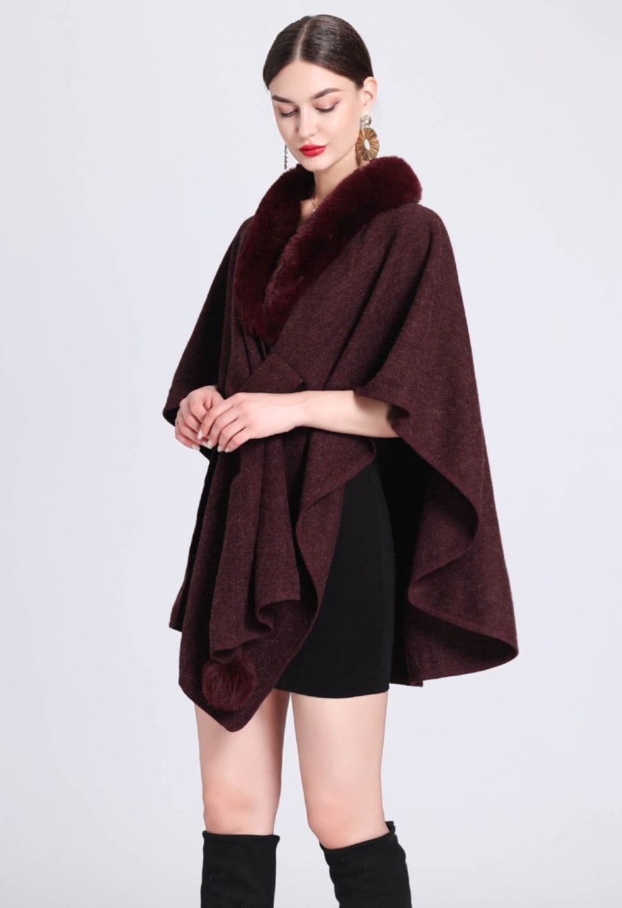 Faux Fur Collar Reversible Poncho in Burgundy