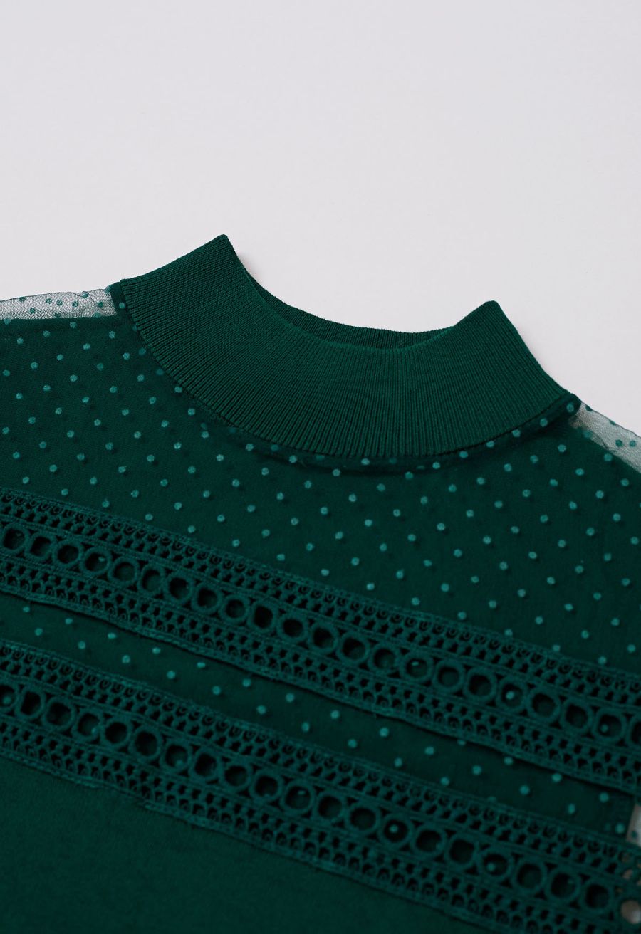 Flock Dots Mesh Spliced Knit Top in Emerald