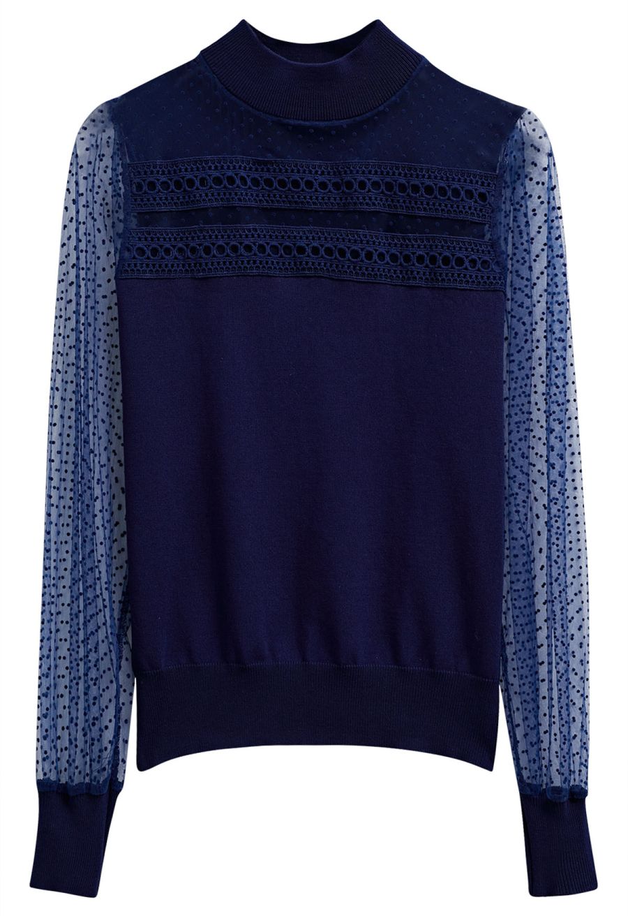Flock Dots Mesh Spliced Knit Top in Navy