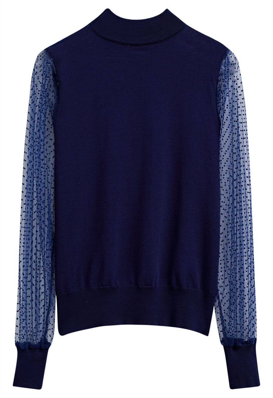 Flock Dots Mesh Spliced Knit Top in Navy