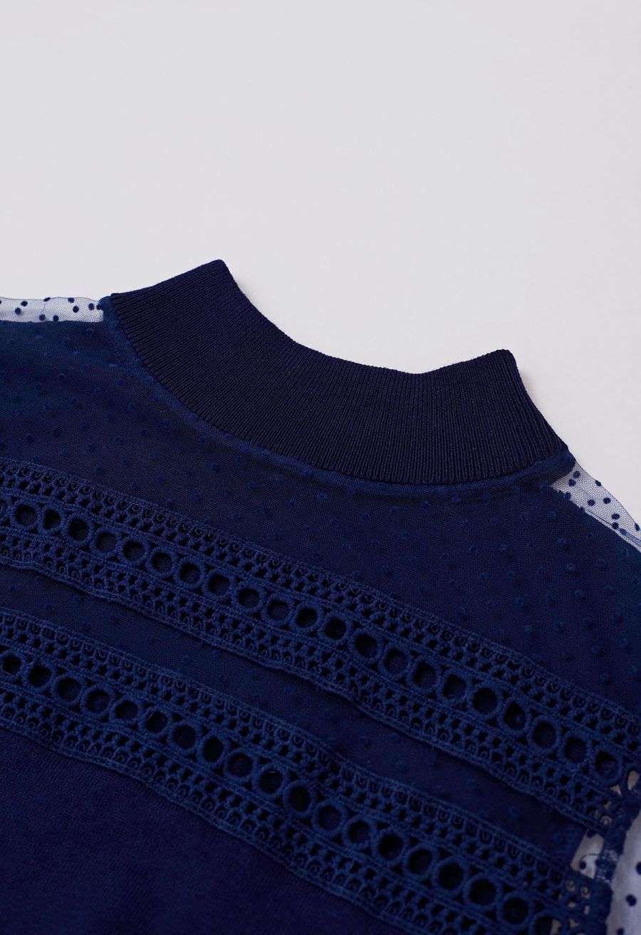 Flock Dots Mesh Spliced Knit Top in Navy