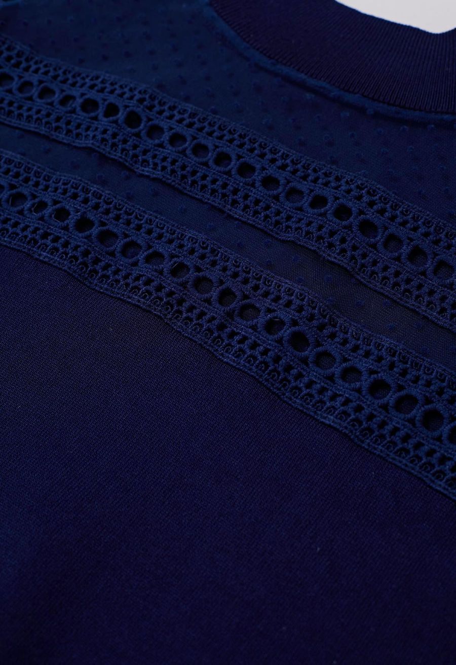 Flock Dots Mesh Spliced Knit Top in Navy