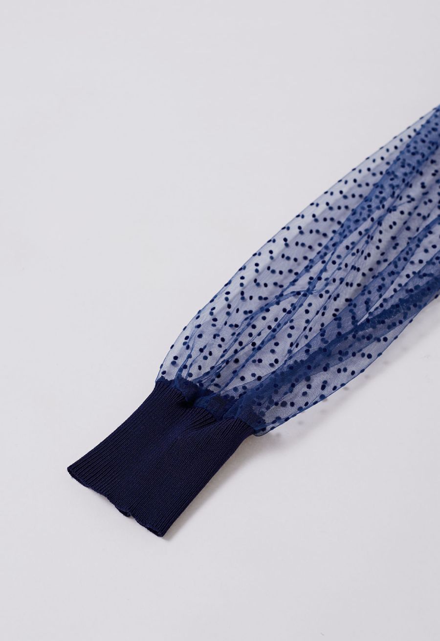 Flock Dots Mesh Spliced Knit Top in Navy