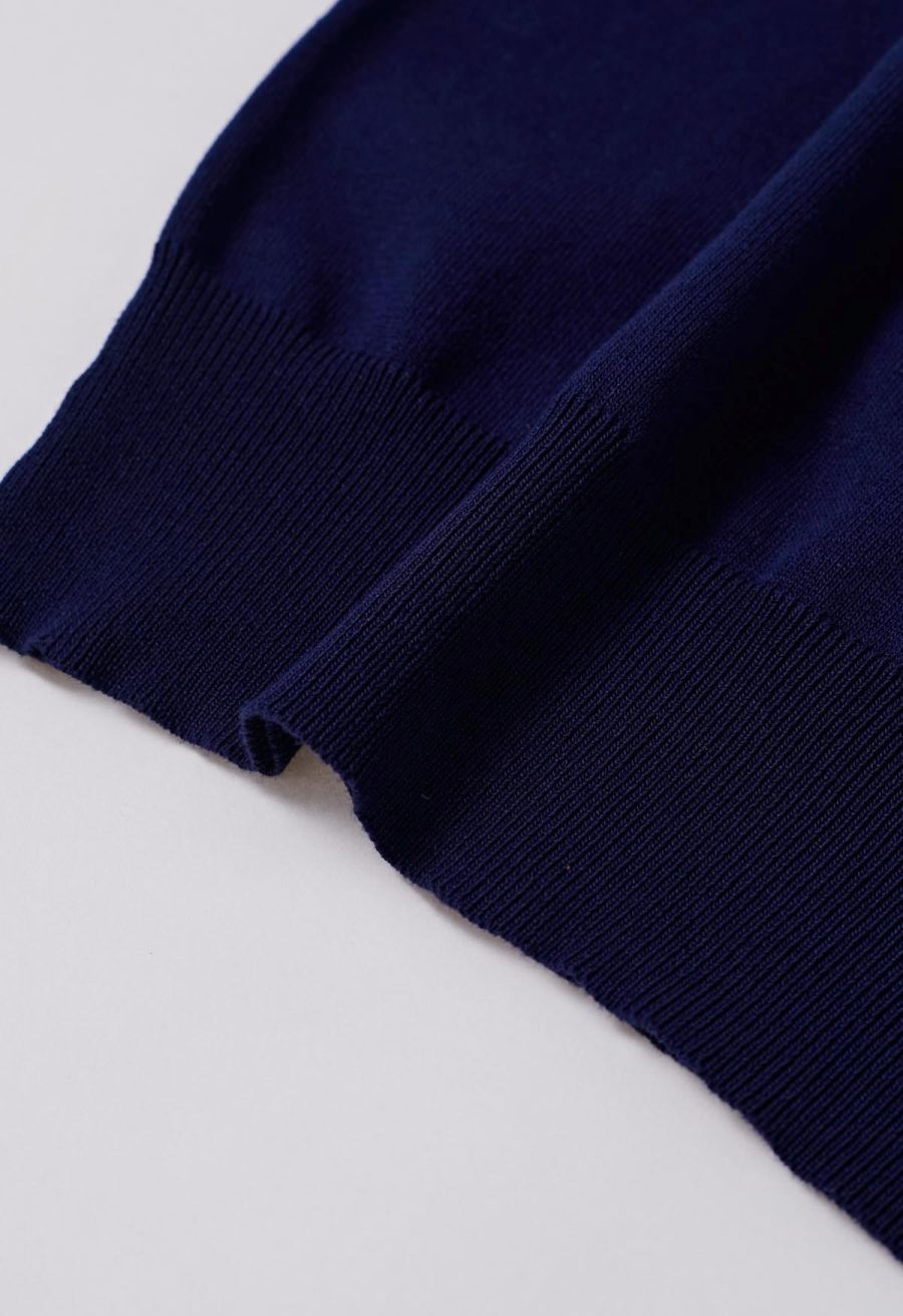 Flock Dots Mesh Spliced Knit Top in Navy