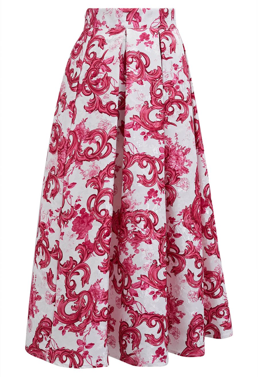 Vibrant Red Blossom Jacquard Pleated Midi Skirt