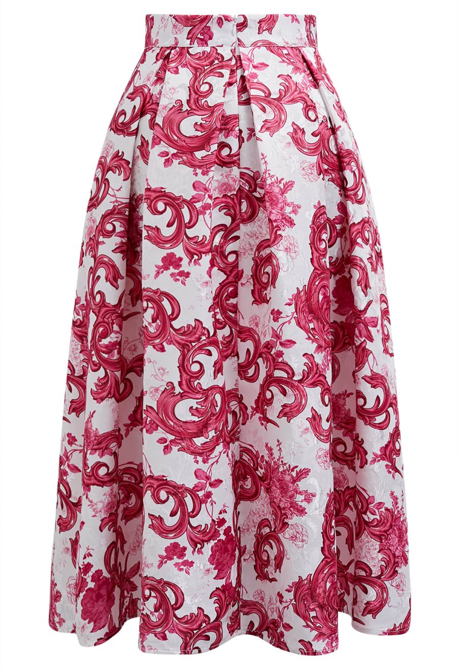 Vibrant Red Blossom Jacquard Pleated Midi Skirt