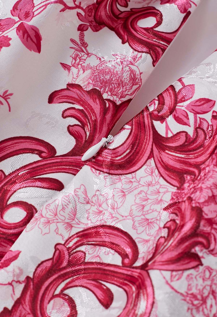 Vibrant Red Blossom Jacquard Pleated Midi Skirt