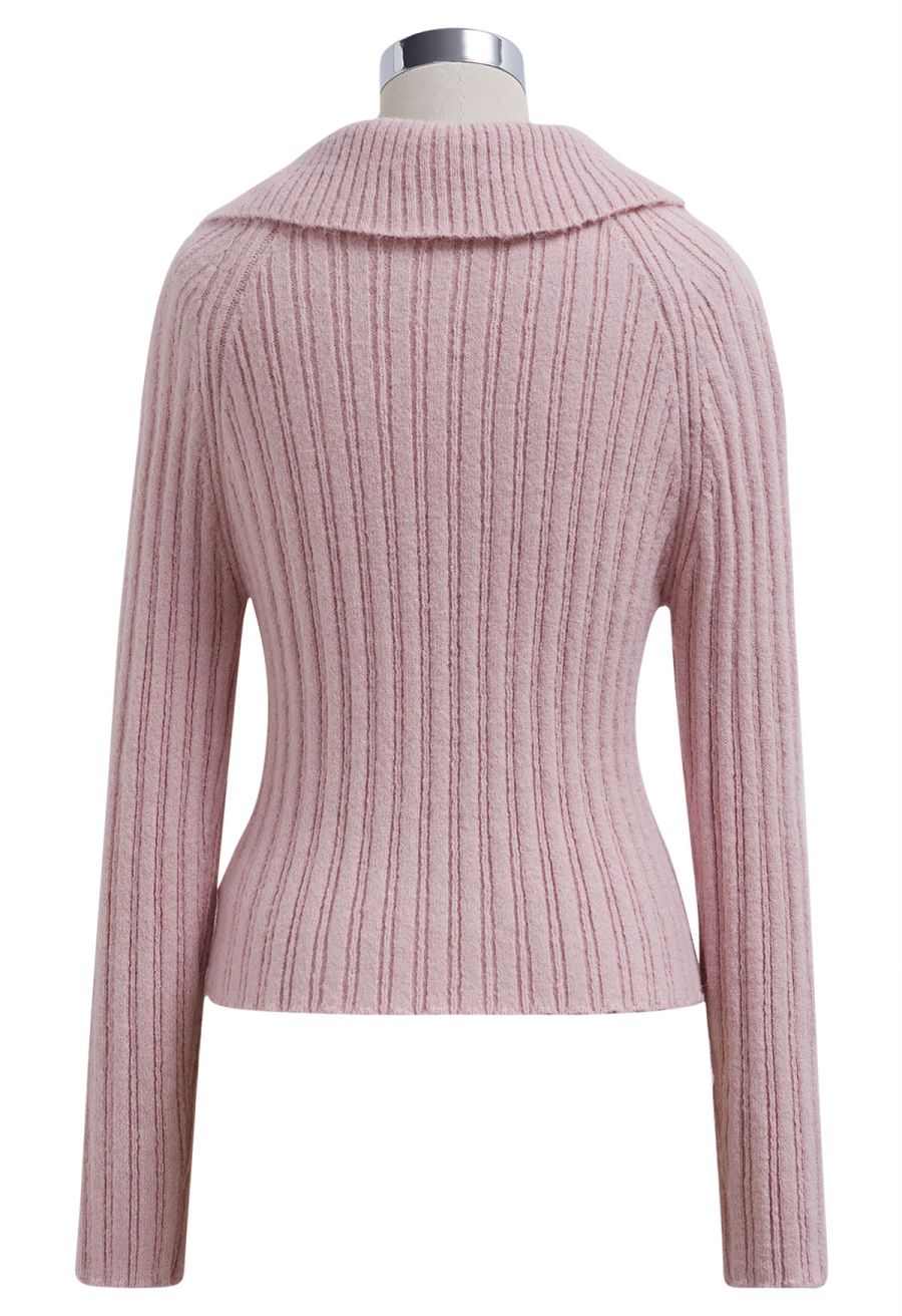 Asymmetric Flap Collar Zip Up Knit Top in Pink
