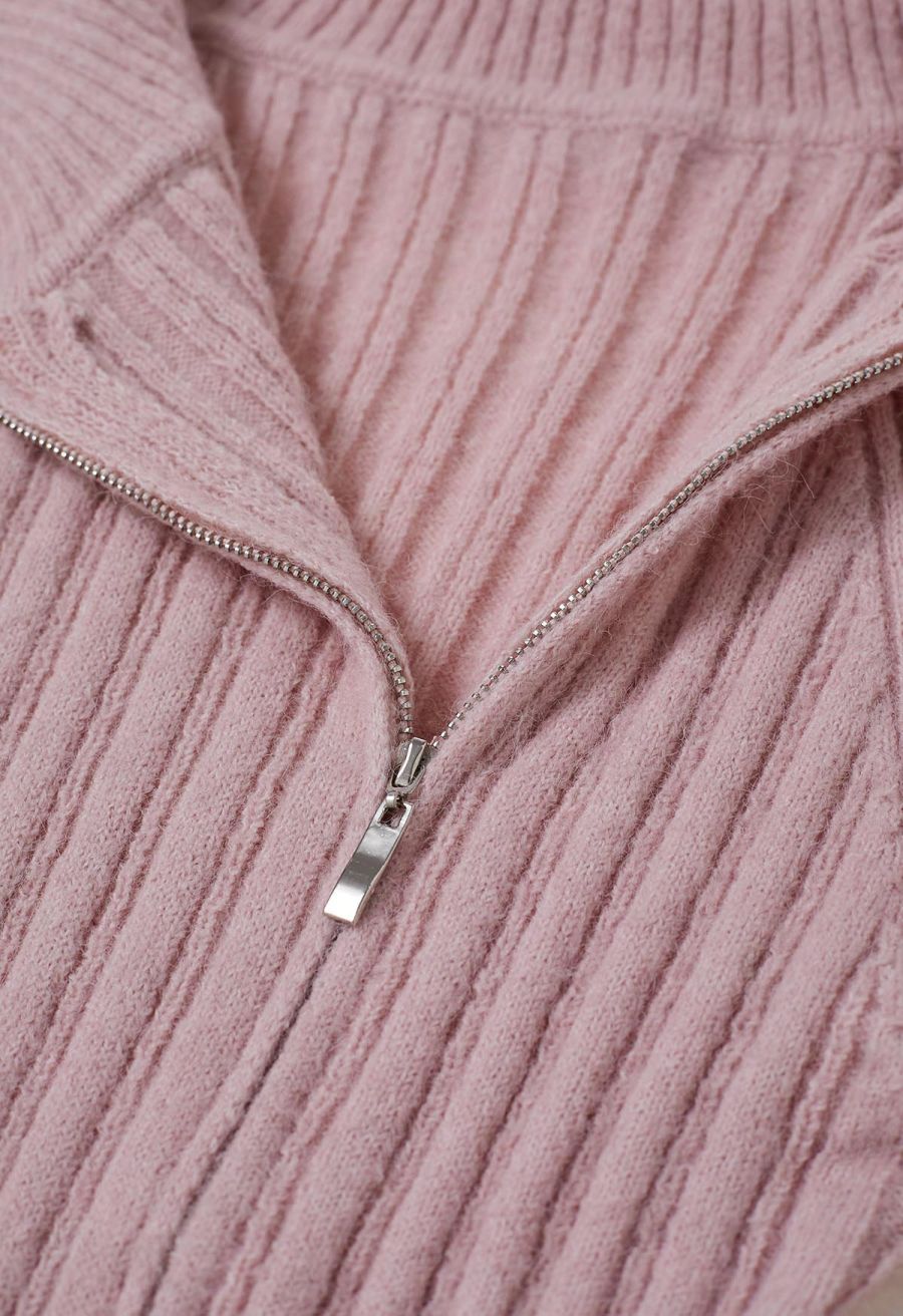 Asymmetric Flap Collar Zip Up Knit Top in Pink