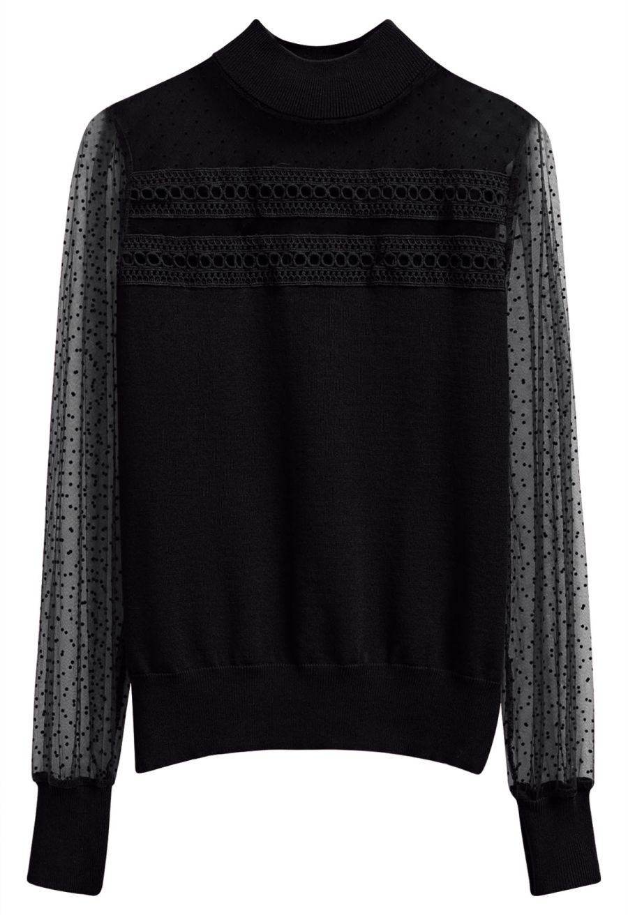 Flock Dots Mesh Spliced Knit Top in Black
