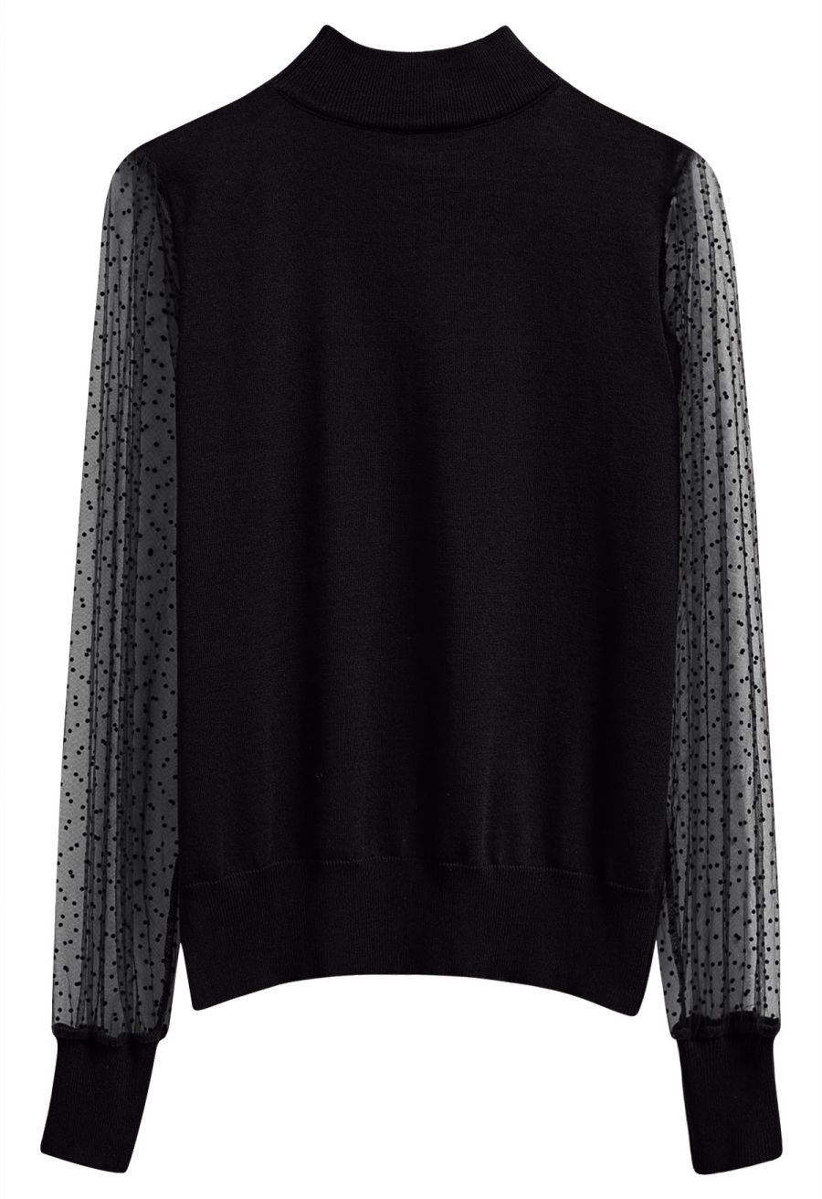 Flock Dots Mesh Spliced Knit Top in Black