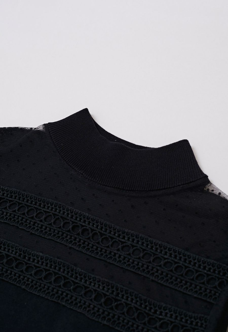 Flock Dots Mesh Spliced Knit Top in Black