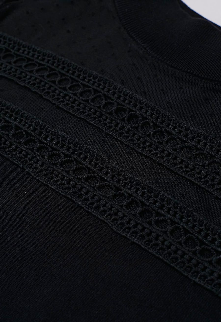 Flock Dots Mesh Spliced Knit Top in Black