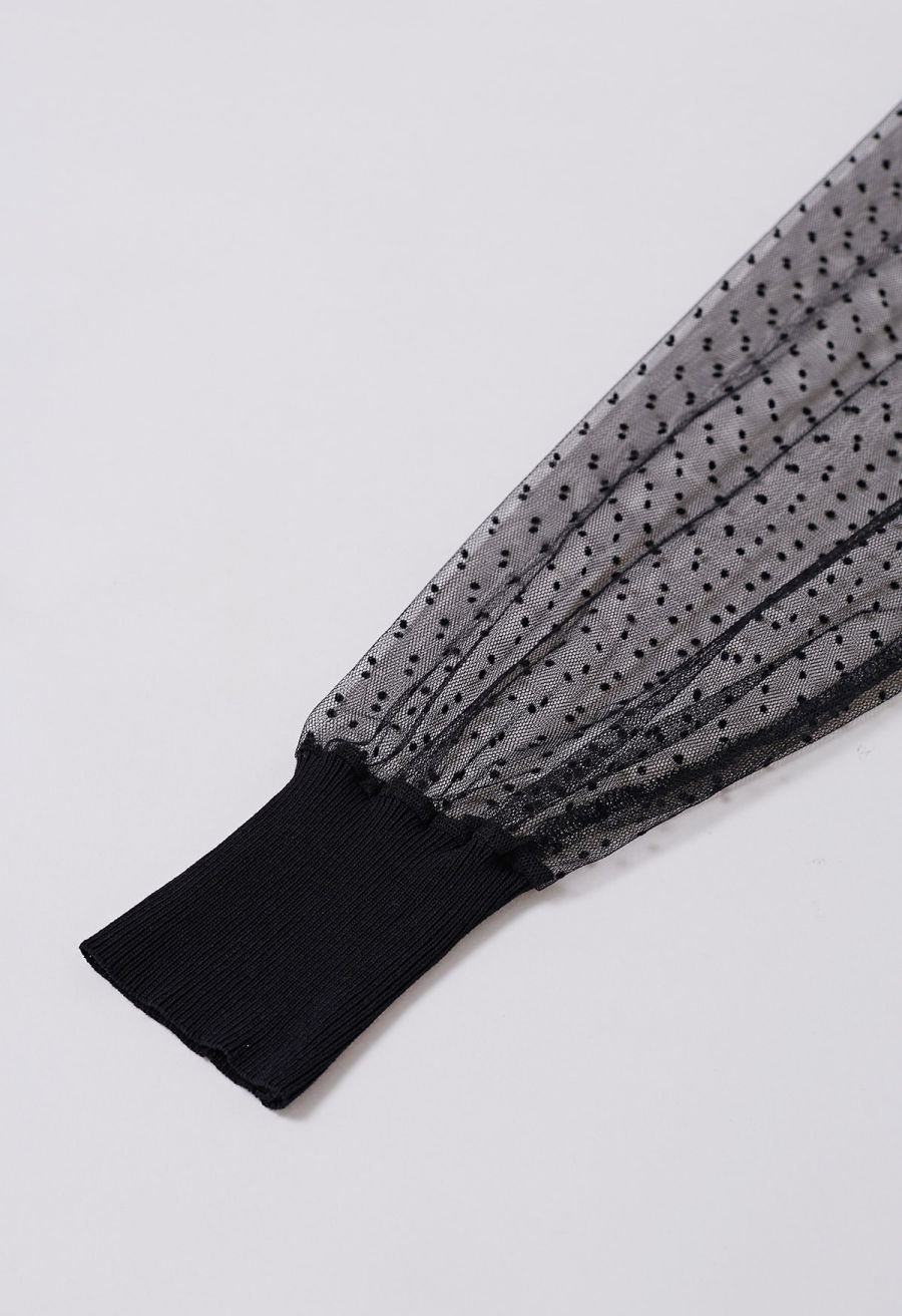 Flock Dots Mesh Spliced Knit Top in Black