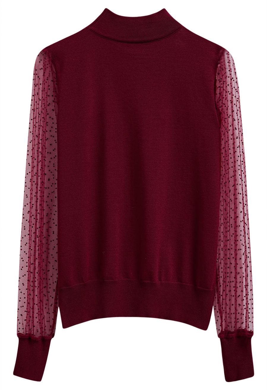 Flock Dots Mesh Spliced Knit Top in Burgundy