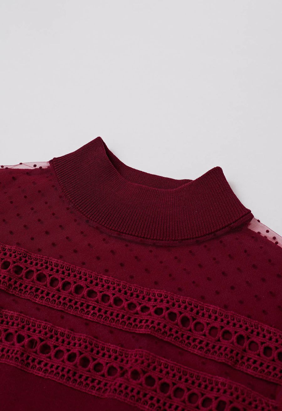 Flock Dots Mesh Spliced Knit Top in Burgundy