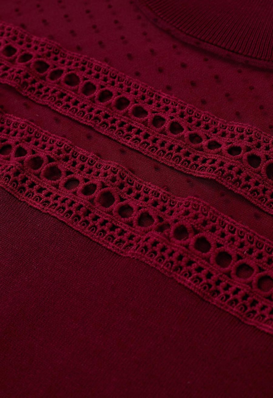 Flock Dots Mesh Spliced Knit Top in Burgundy