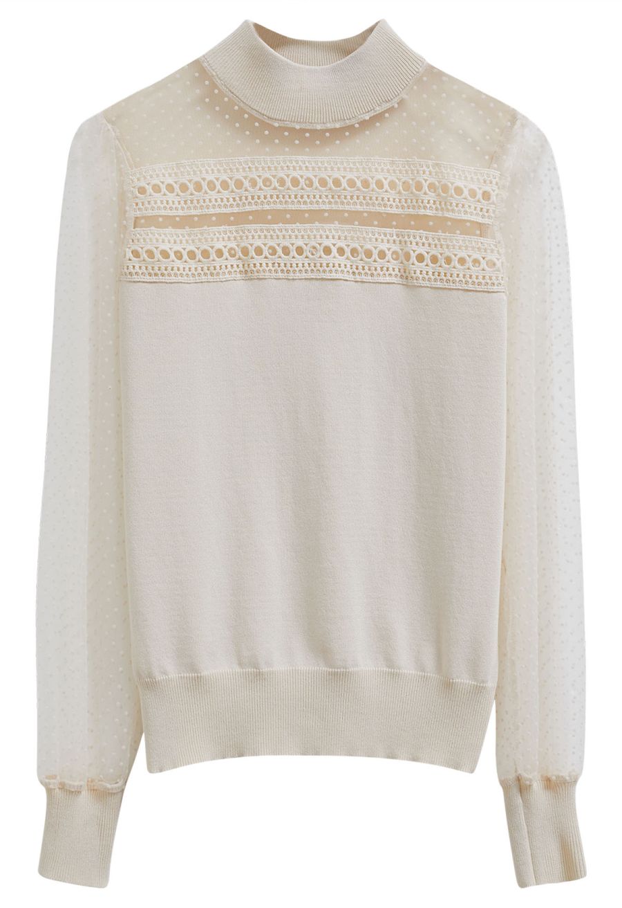 Flock Dots Mesh Spliced Knit Top in Cream