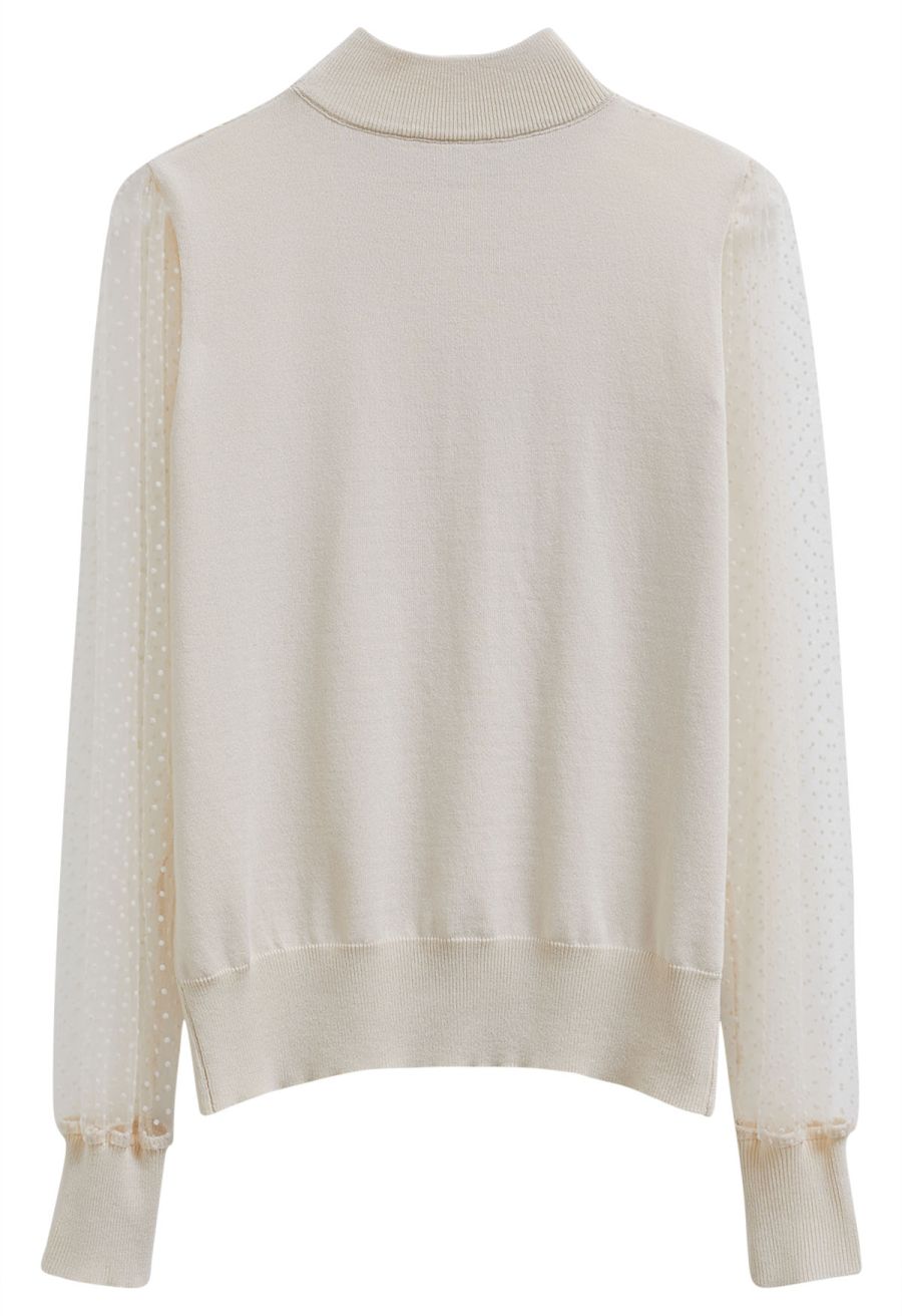 Flock Dots Mesh Spliced Knit Top in Cream