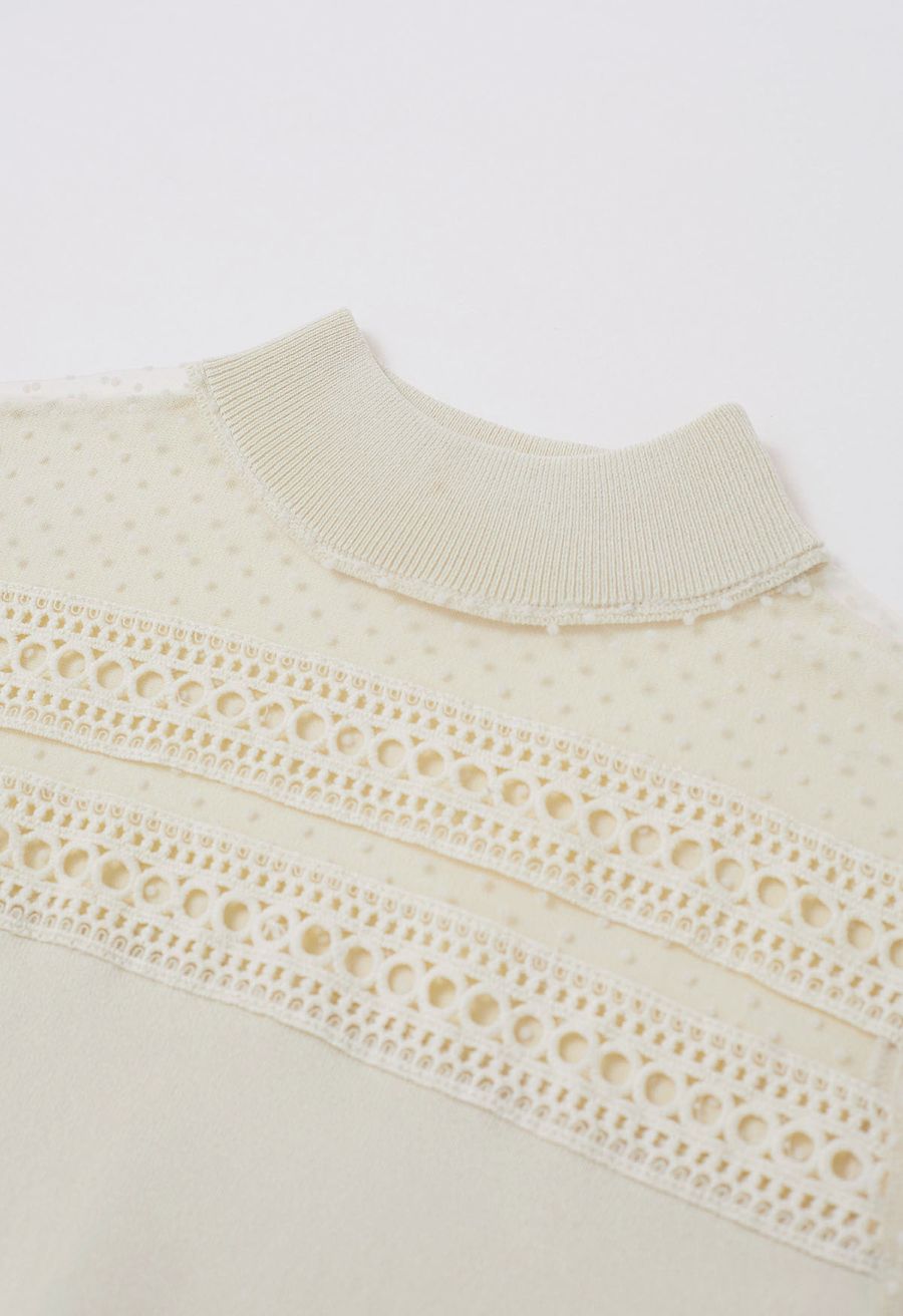 Flock Dots Mesh Spliced Knit Top in Cream