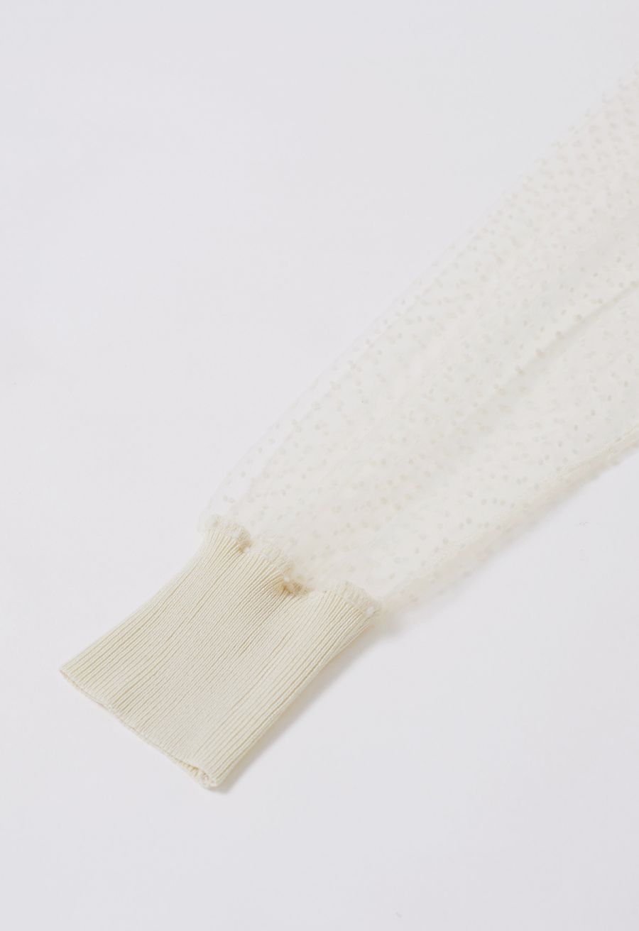 Flock Dots Mesh Spliced Knit Top in Cream