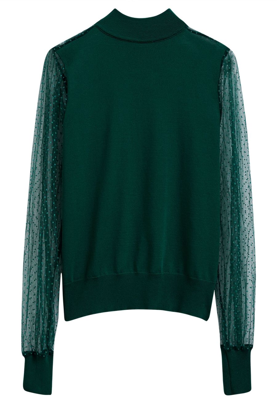 Flock Dots Mesh Spliced Knit Top in Emerald