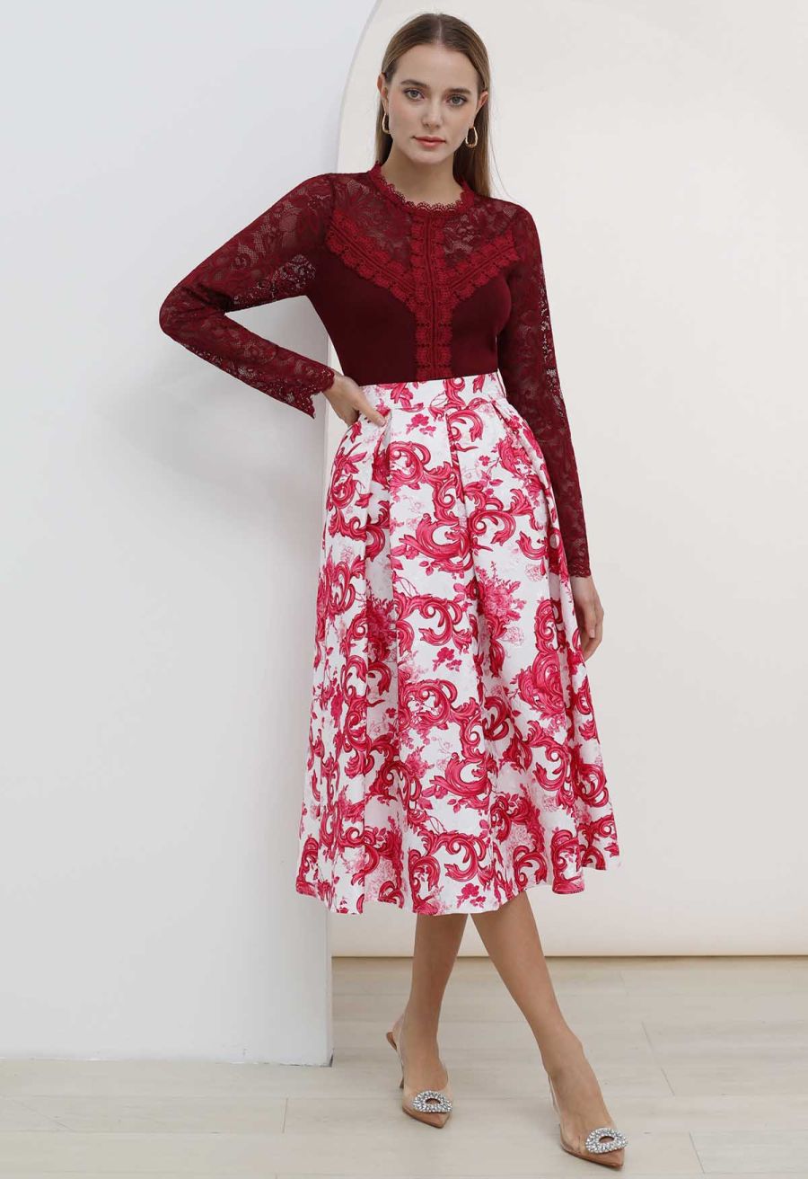 Ethereal Floral Lace Spliced Knit Top in Burgundy
